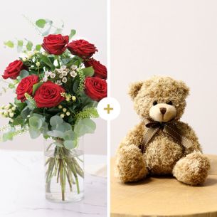 Bouquet de roses Rouge festif et son ourson Harry ourson