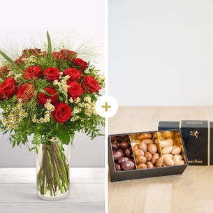 Bouquet de roses Rouge idylle et ses amandes au chocolat