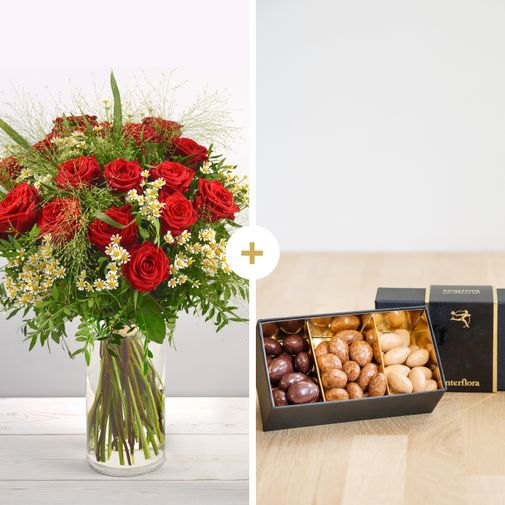 Bouquet de roses Rouge idylle et ses amandes au chocolat