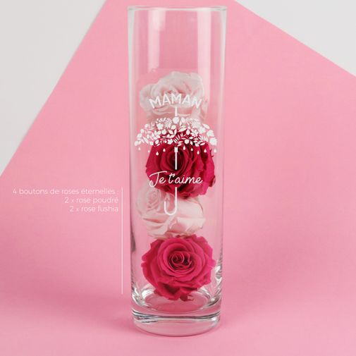 Fleurs et cadeaux Roses éternelles et leur vase gravé personnalisable