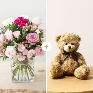 Bouquet de roses Vanille fraise et son ourson Harry ourson