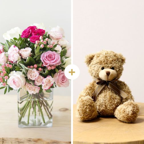 Bouquet de roses Vanille fraise et son ourson Harry