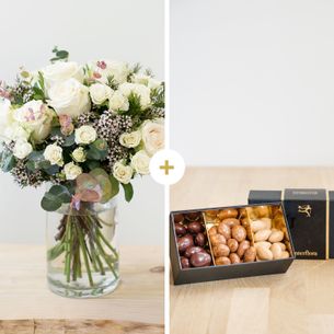 Bouquet de roses Vert coton et ses amandes au chocolat Fleurs et gourmandises