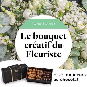 Fleurs et cadeaux Bouquet blanc du fleuriste & Amandes au chocolat Fleurs et gourmandises