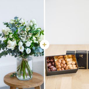 Bouquet de fleurs Paradis blanc et ses amandes au chocolat Félicitations