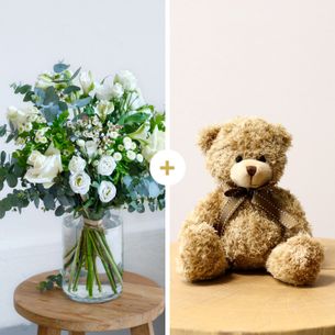 Bouquet de fleurs Paradis blanc et son ourson Harry Anniversaire