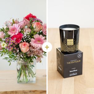 Bouquet de fleurs Félicitations et sa bougie parfumée Anniversaire