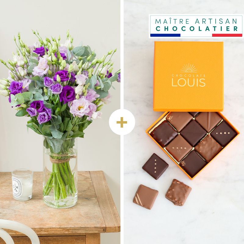 Fleurs et cadeaux Brassée de lisianthus parme et ses chocolats