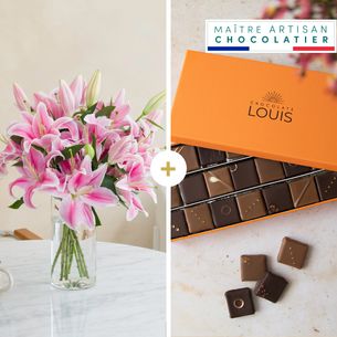 Fleurs et cadeaux Brassée de lys roses et ses chocolats Fête des grands-pères